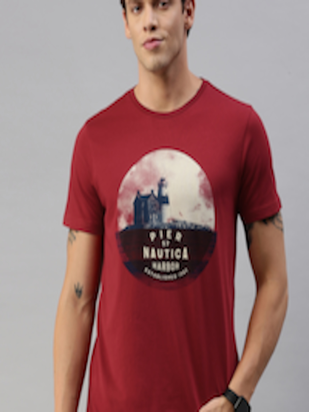 Buy Nautica Men Maroon Graphic Print Round Neck Pure Cotton T Shirt ...