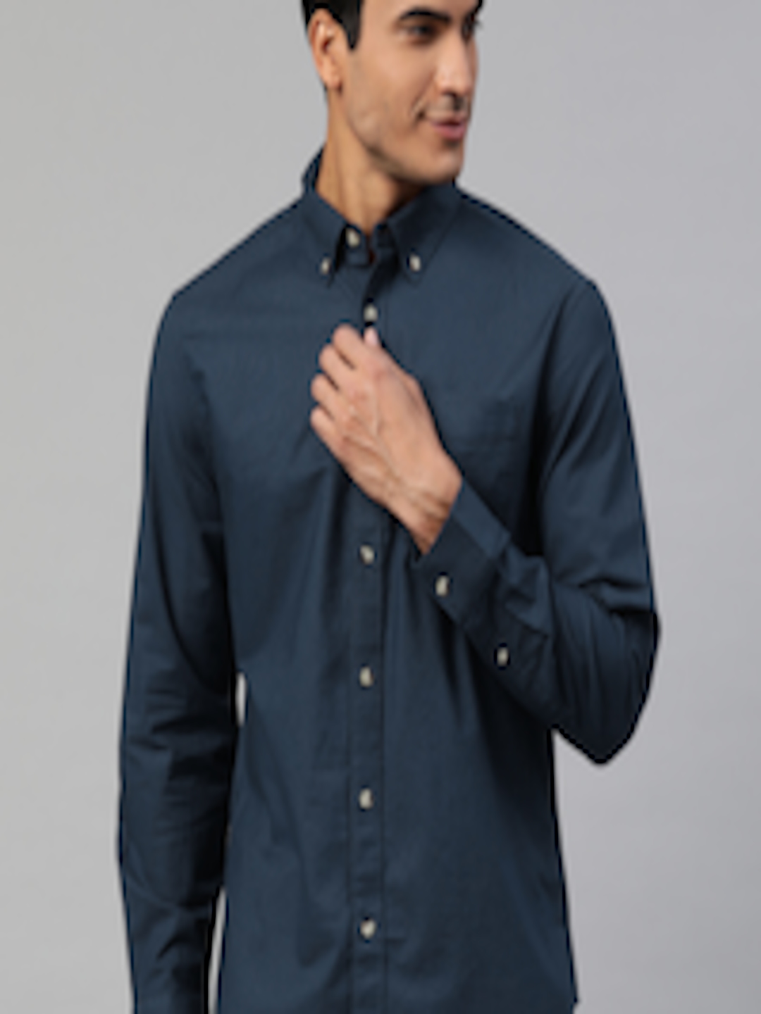 Buy Marks & Spencer Men Navy Blue Pure Cotton Solid Casual Shirt ...