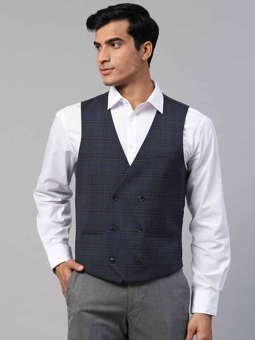 Buy Marks & Spencer Men Navy Blue Double Breasted Slim Fit Checked