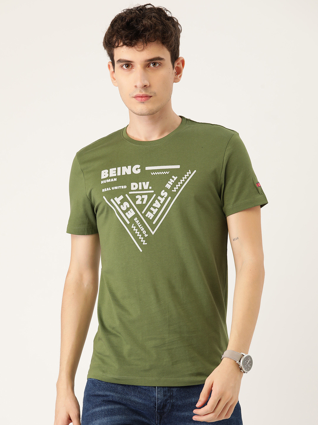 Buy Being Human Men Olive Green & Grey Brand Logo Printed Pure Cotton T