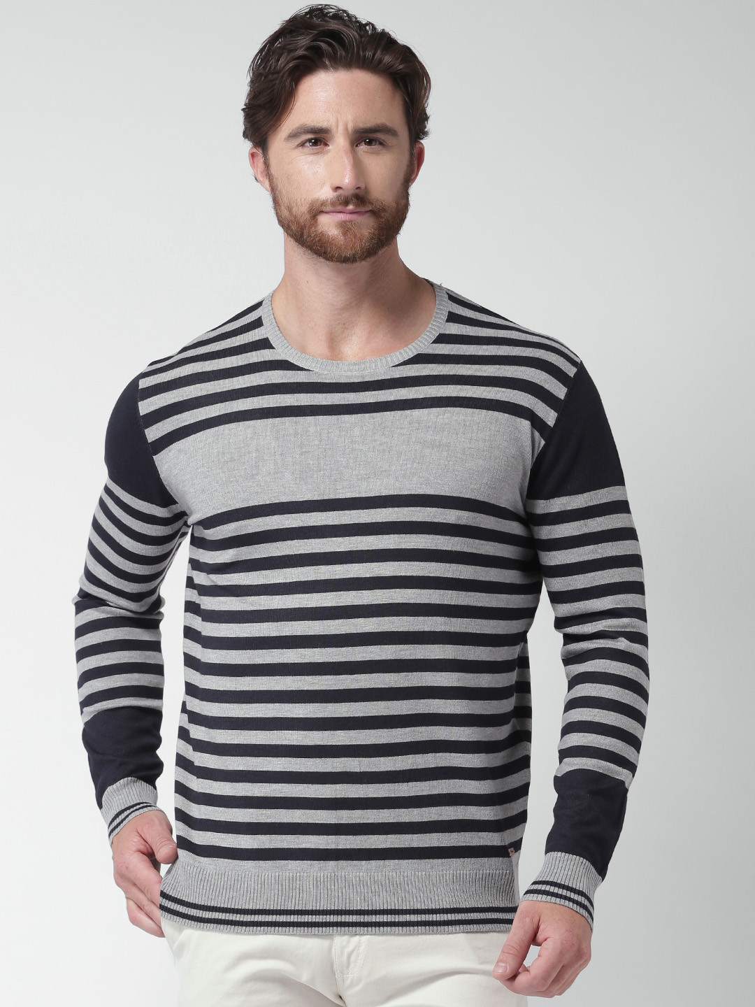Buy Mast & Harbour Black & Grey Striped Sweater Sweaters for Men