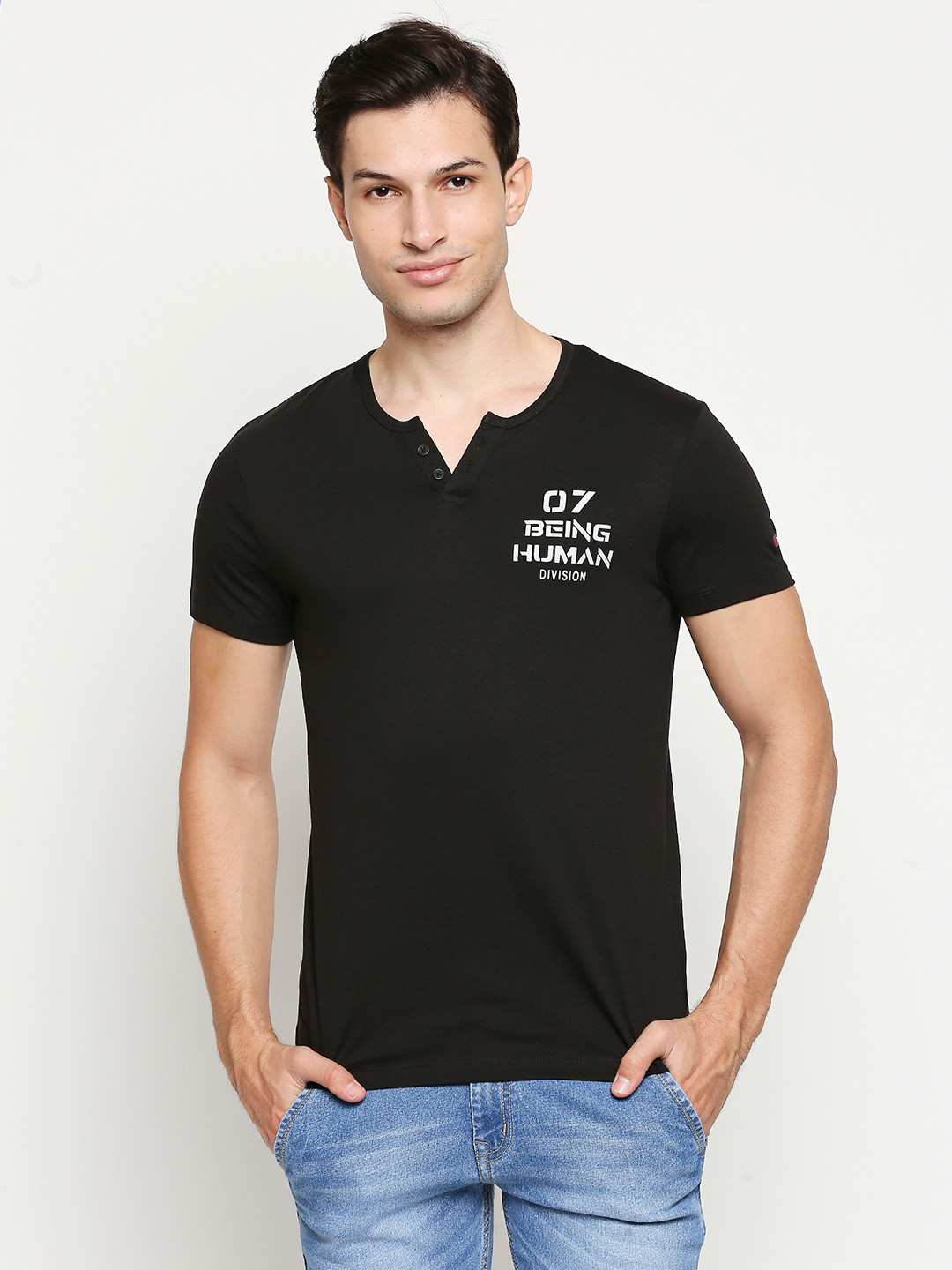 Buy Being Human Men Black & White Brand Logo Printed Pure Cotton T