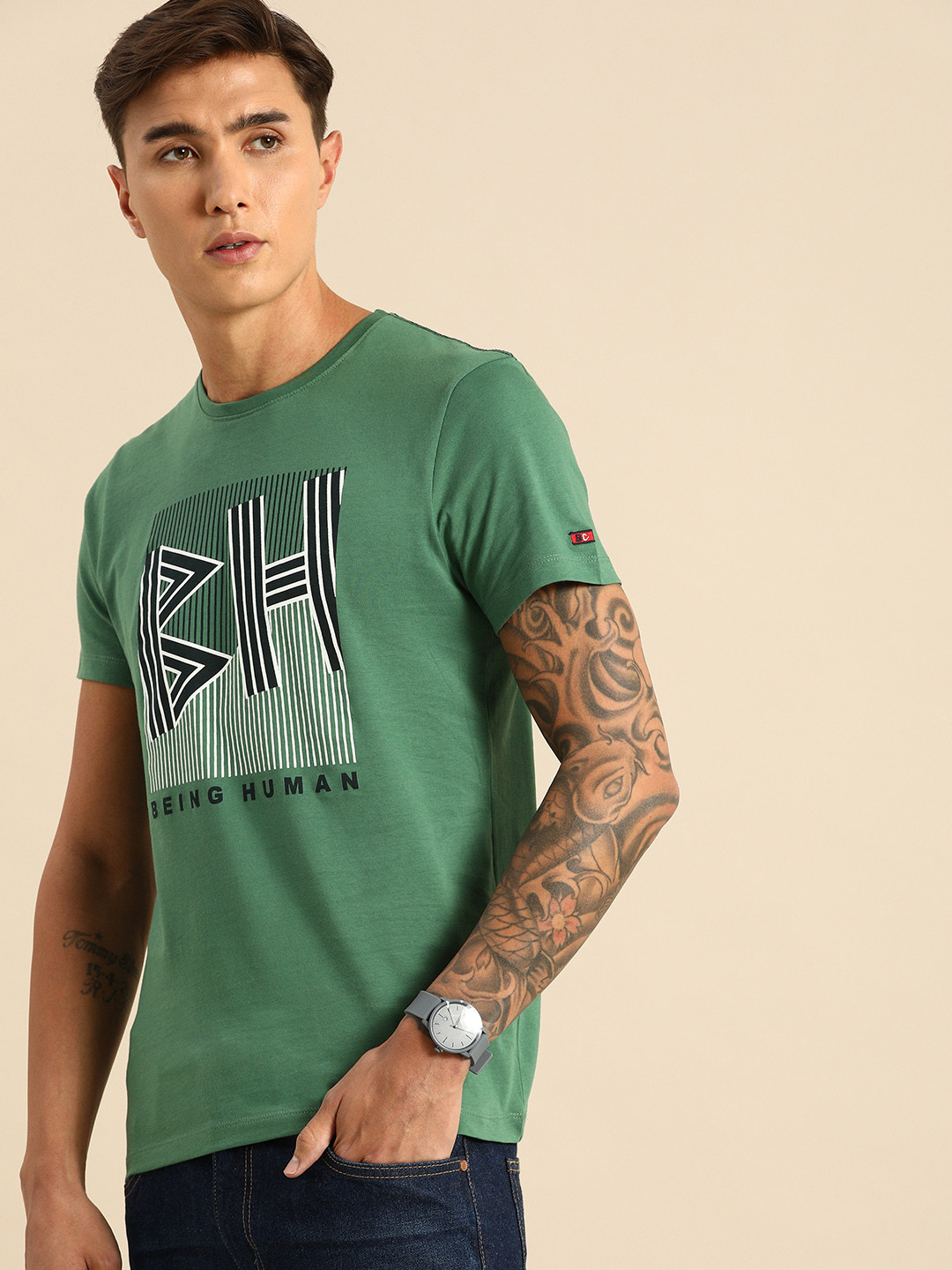 Buy Being Human Men Green Cotton Brand Logo Print Round Neck Pure