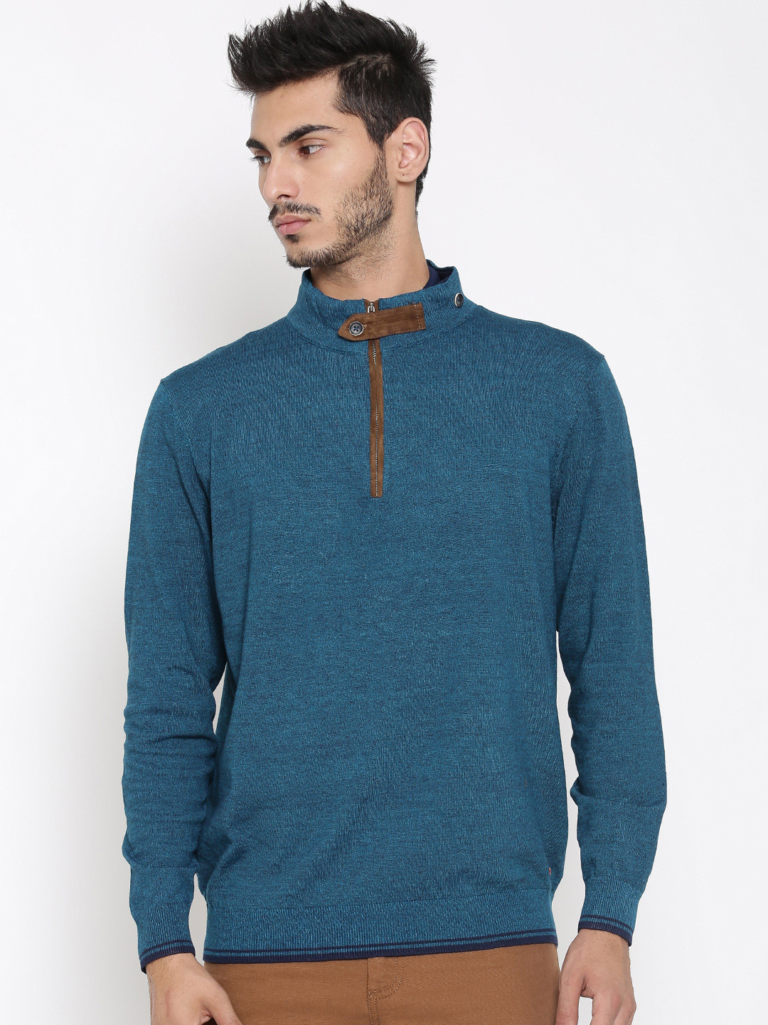 Buy Mast & Harbour Men Teal Blue Solid Sweater - Sweaters for Men 1357739 | Myntra