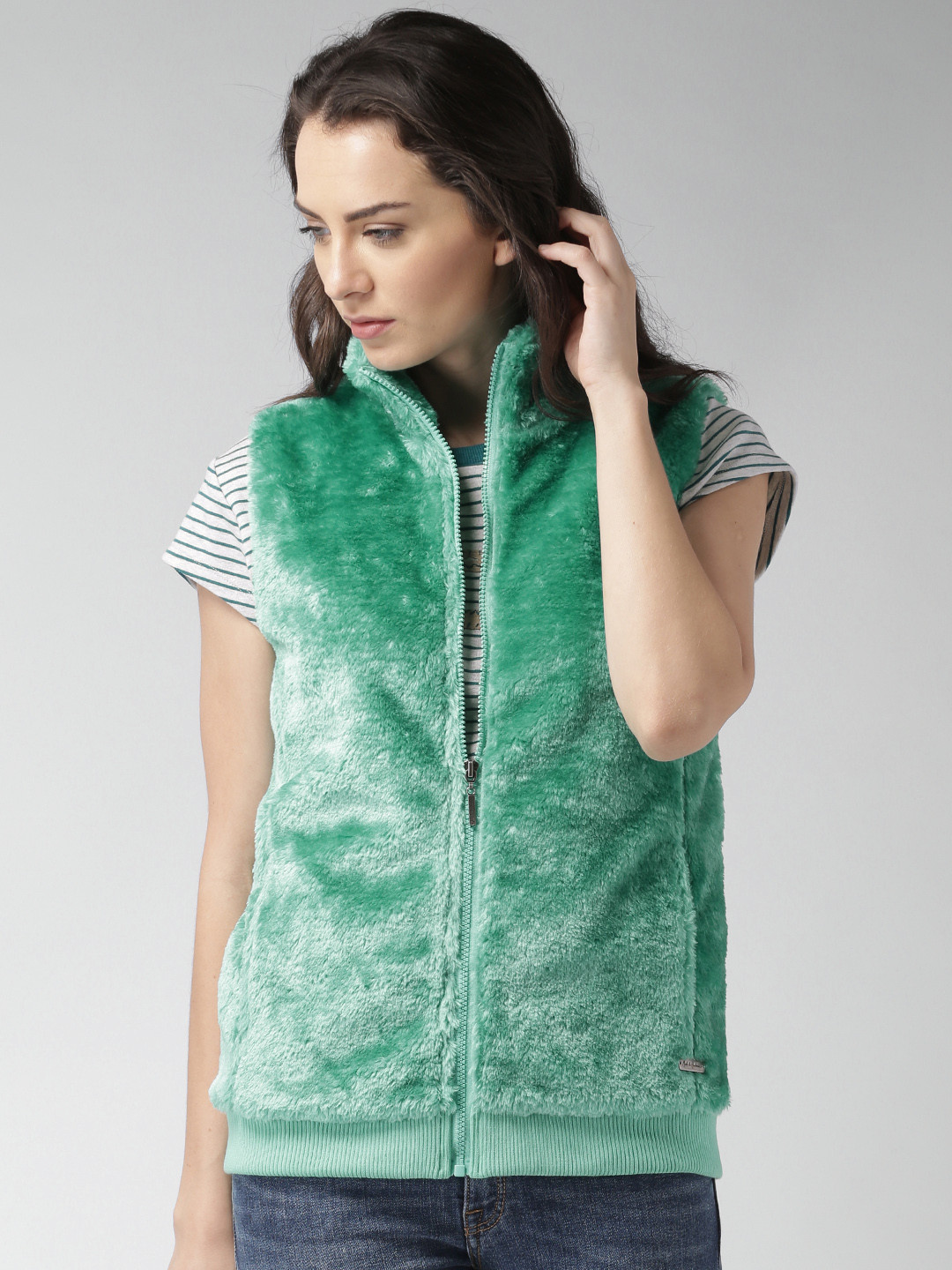 Buy Mast & Harbour Sea Green Faux Fur Sleeveless Jacket Jackets for