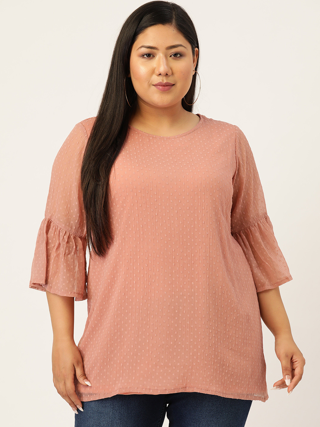 Buy Melon Plus Size Dusty Pink Self Design Flared Sleeves Regular Top
