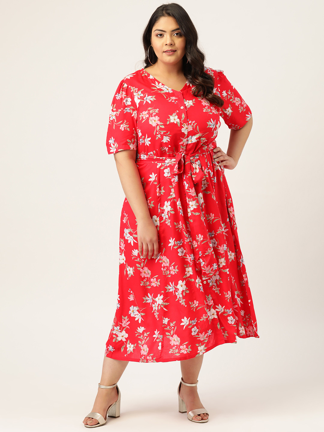 Buy MELON PLus Size Women Red & White Floral Printed A Line Dress