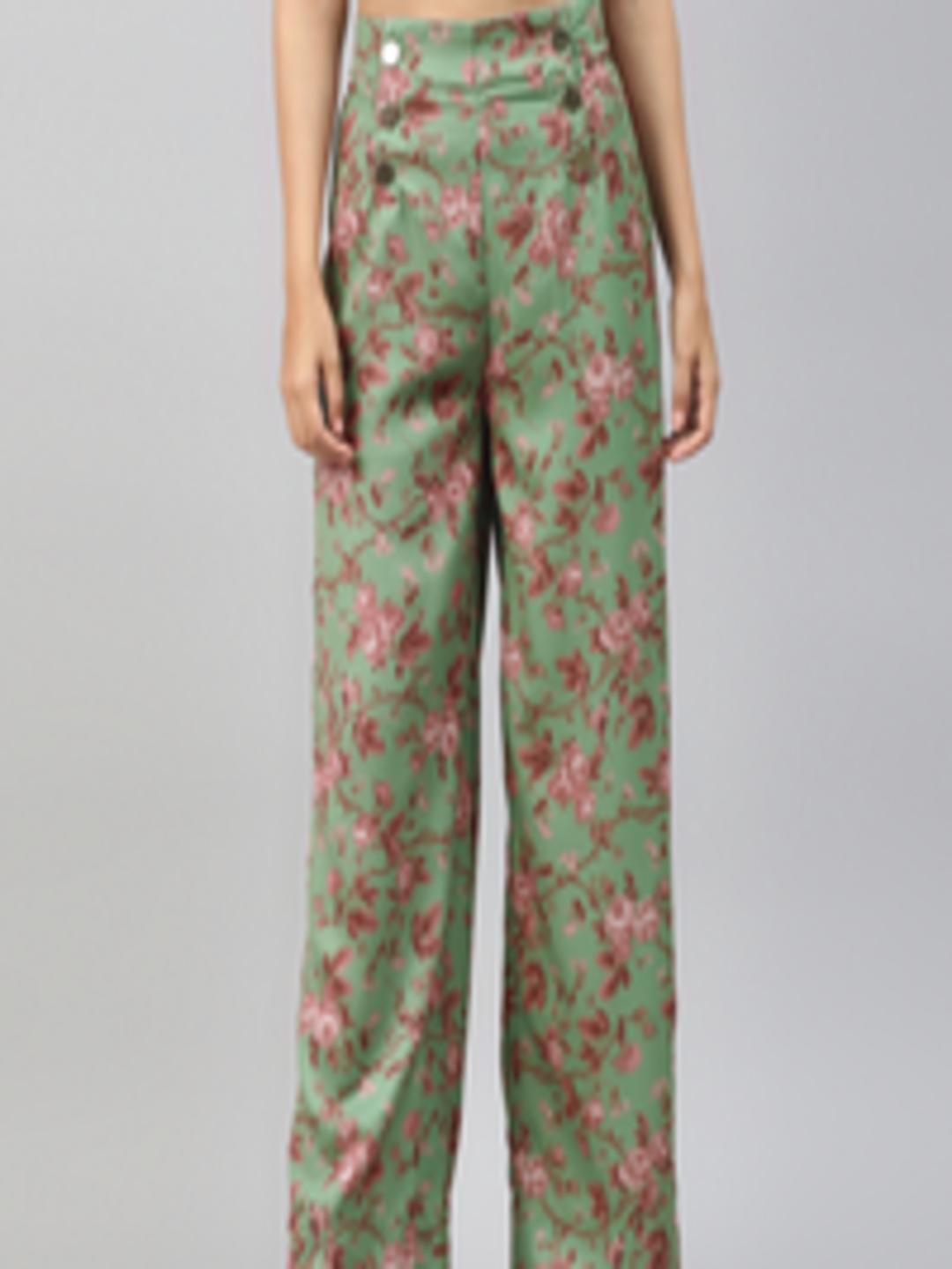 Buy SASSAFRAS Women Green & Brown Regular Fit Printed Parallel Trousers