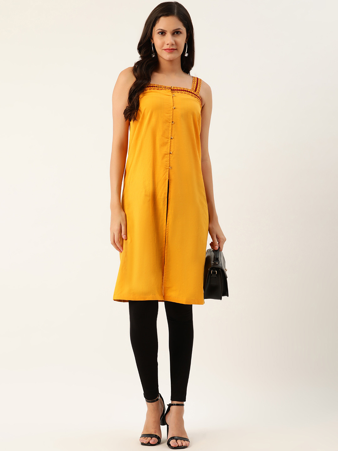 Buy Chemistry Women Mustard Yellow Cotton Solid Tunic With Embroidery