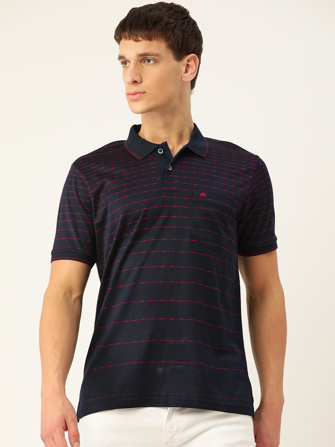 Buy Monte Carlo Men Navy Blue Red Double Mercerised Cotton Striped Polo ...