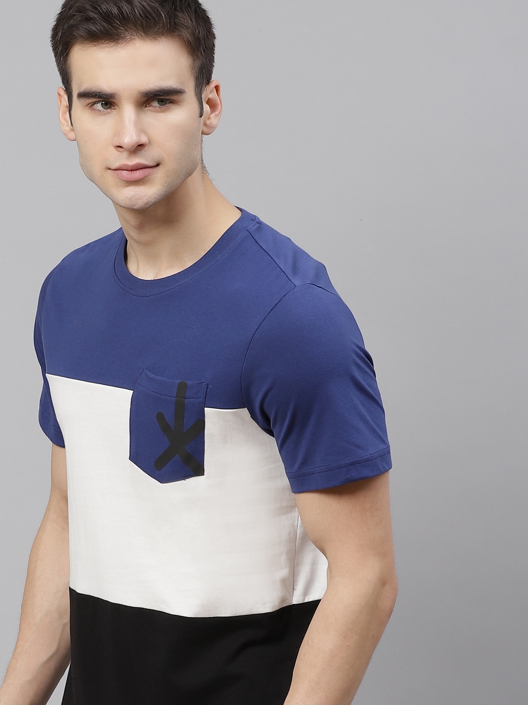 Buy The Roadster Lifestyle Co Men Blue White Pure Cotton Colourblocked Round Neck Pure Cotton T