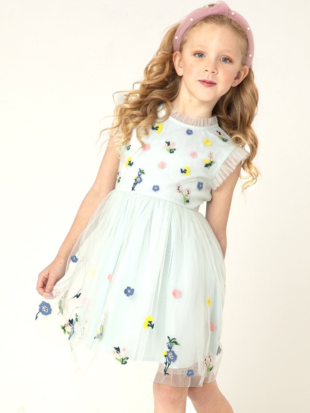 Buy Cherry Crumble Girls Green Floral Embroidered Net Fit And Flare ...