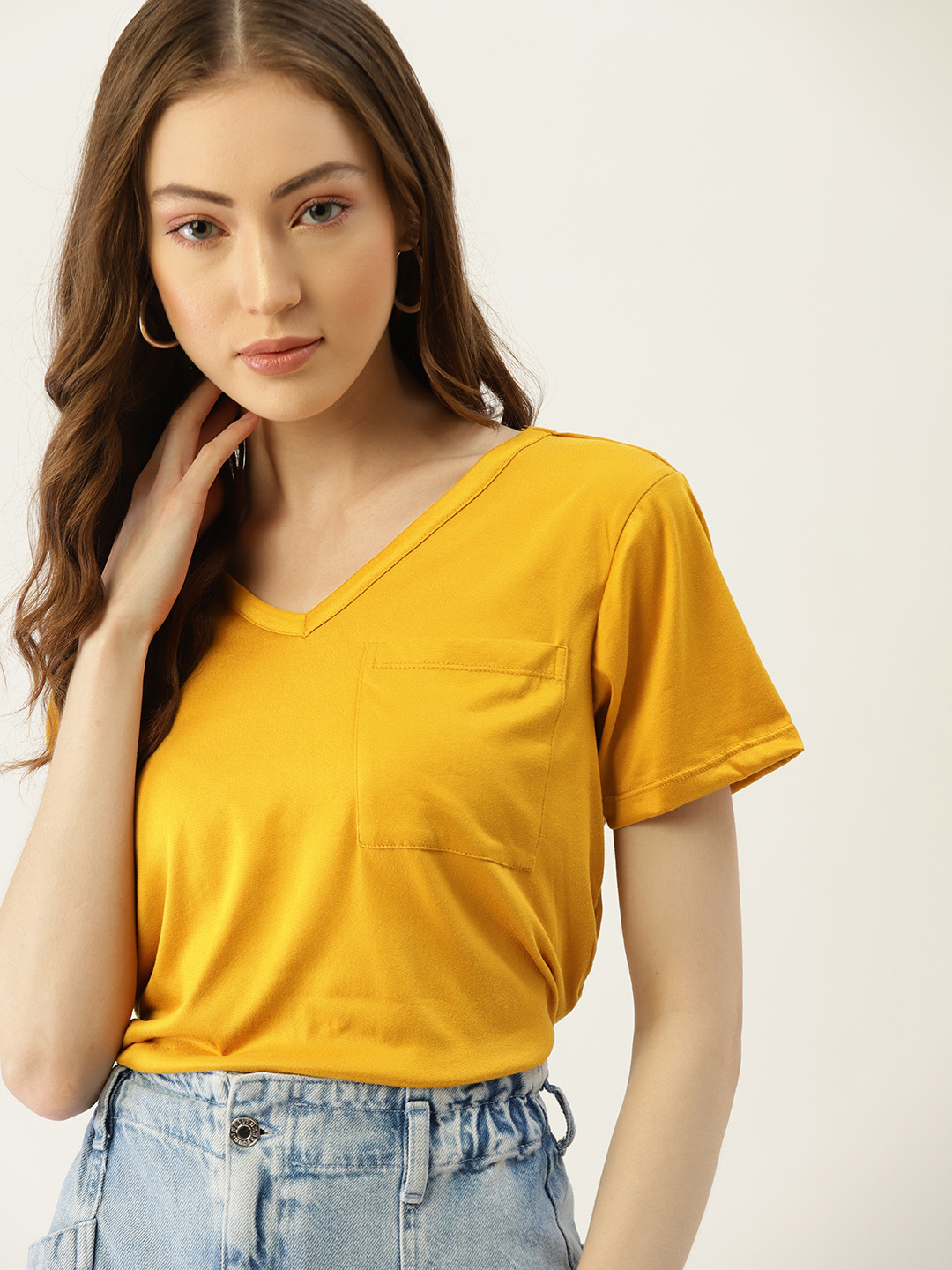 Buy DressBerry Women Mustard Yellow Solid T Shirt With Pocket Tshirts