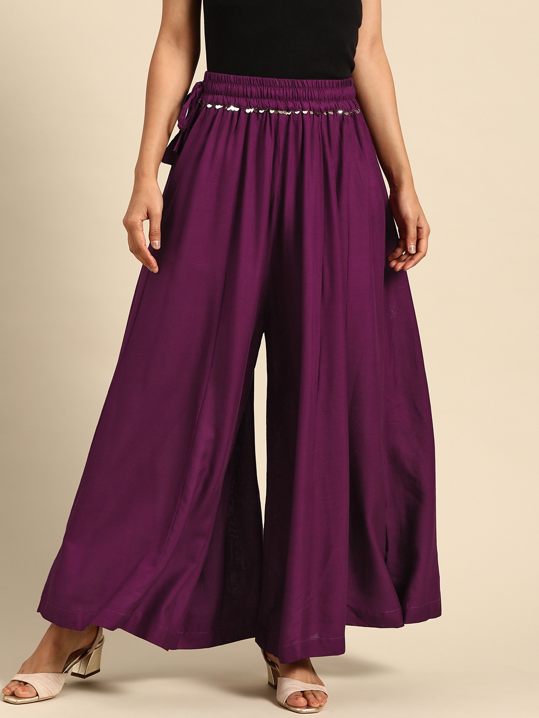 Buy TAG 7 Women Purple Solid Flared Palazzos - Palazzos for Women ...