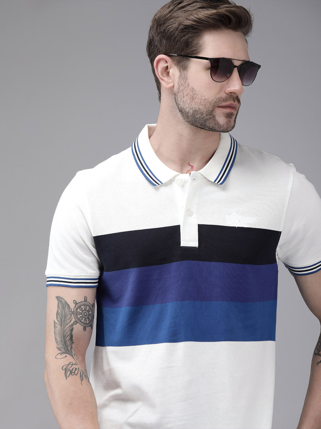 Buy The Roadster Lifestyle Co Men White Blue Striped Polo Collar Pure