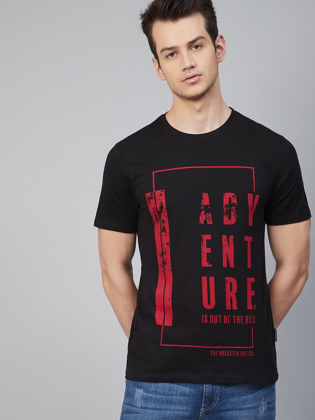 Buy The Roadster Lifestyle Co Men Black & Red Typography Printed T ...