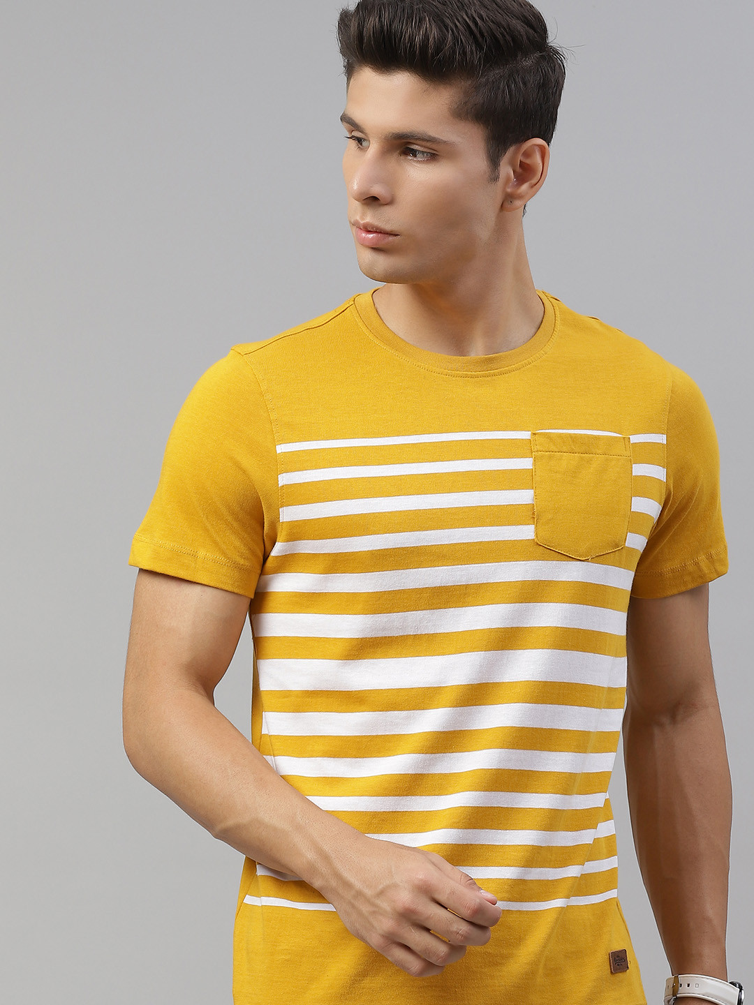 Buy The Roadster Lifestyle Co Men Mustard Yellow & White Striped Pocket