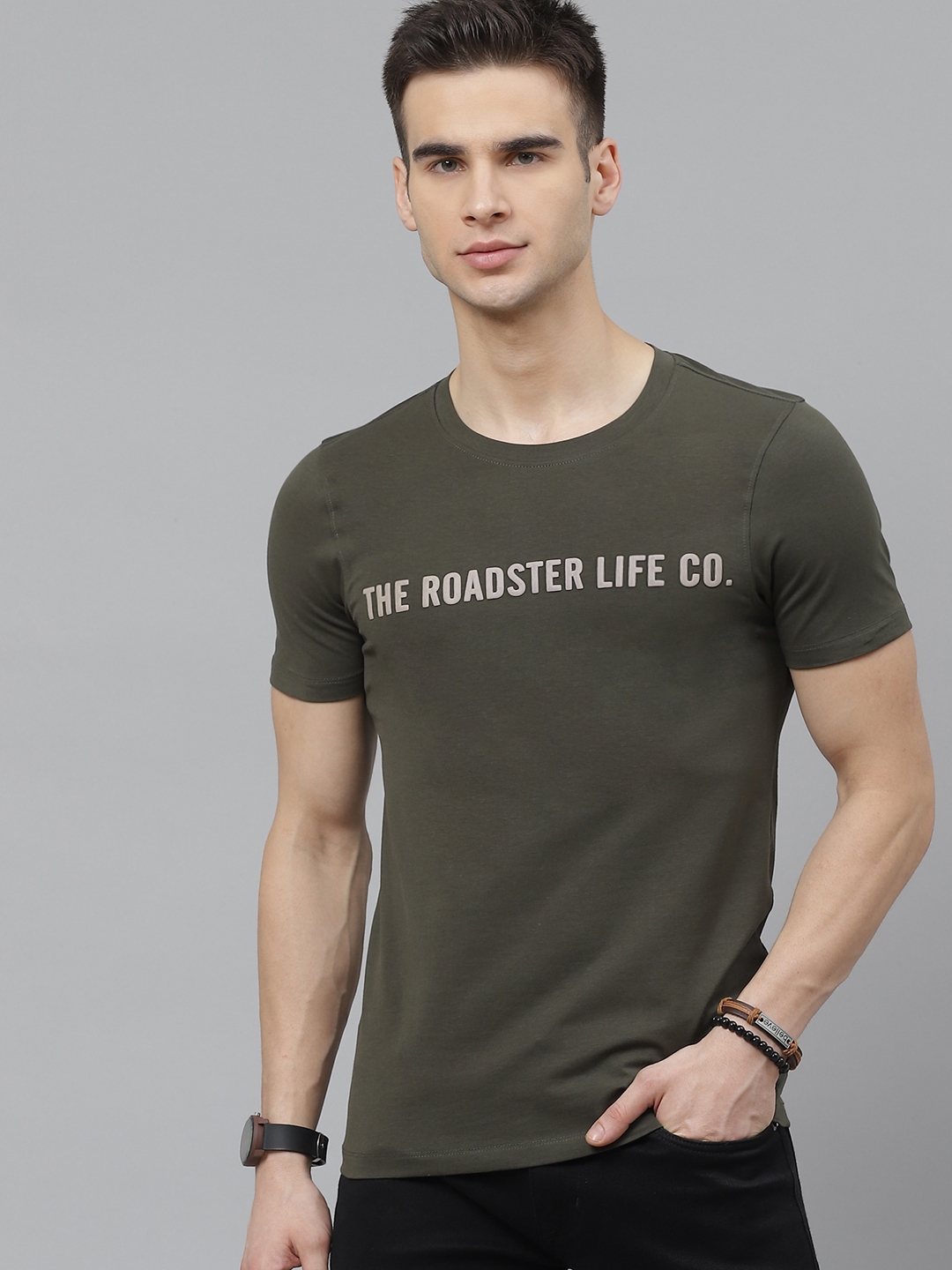 Buy The Roadster Lifestyle Co Men Olive Green Printed Detail Round Neck ...