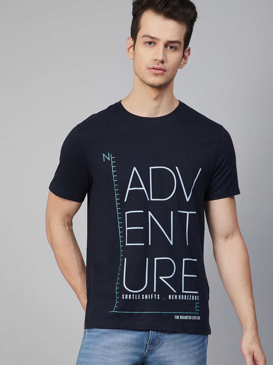 Buy The Roadster Lifestyle Co Men Navy Blue Pure Cotton Typographic ...