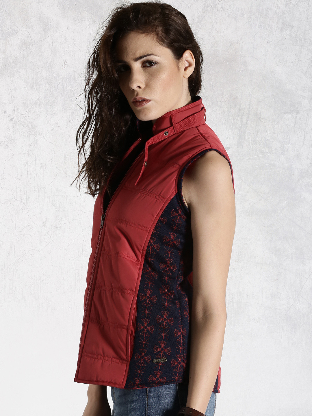 Buy Roadster Red & Navy Padded Sleeveless Jacket Jackets for Women