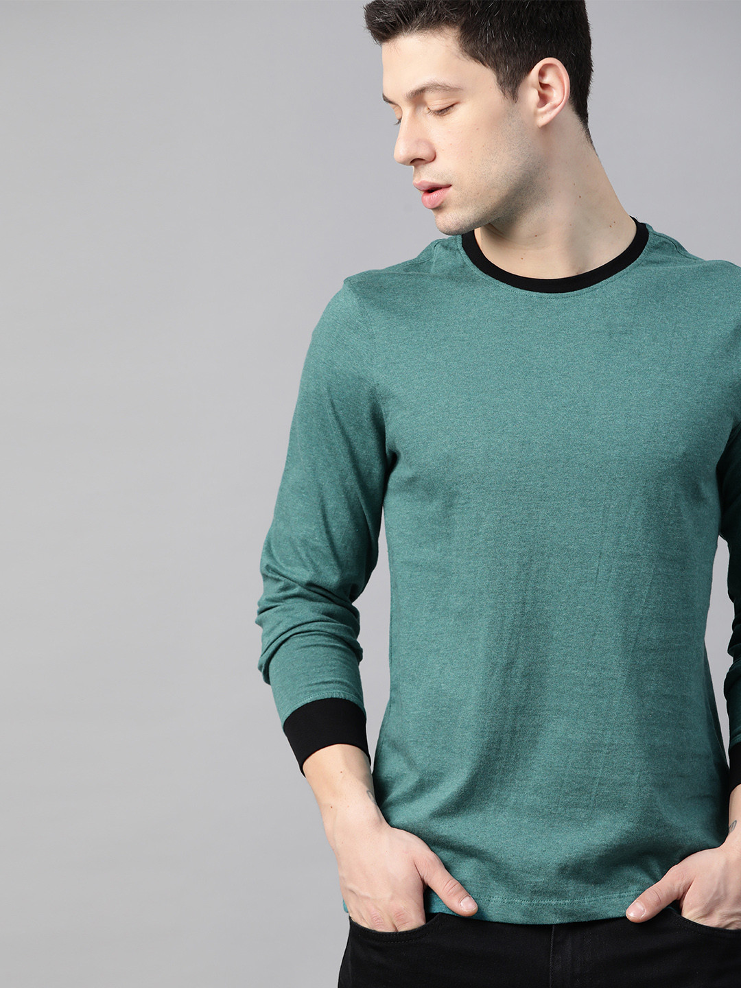 Buy The Roadster Lifestyle Co Men Teal Green Pure Cotton Solid Round Neck Pure Cotton T Shirt