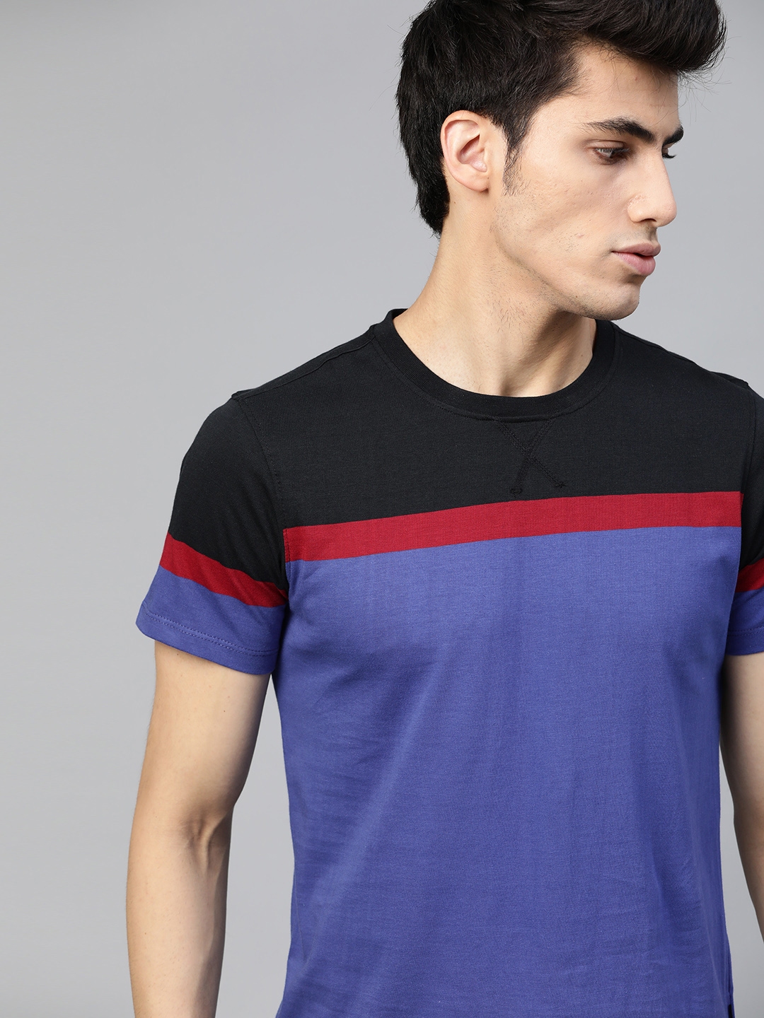 Buy The Roadster Lifestyle Co Men Blue Red Pure Cotton Colourblocked Pure Cotton T Shirt