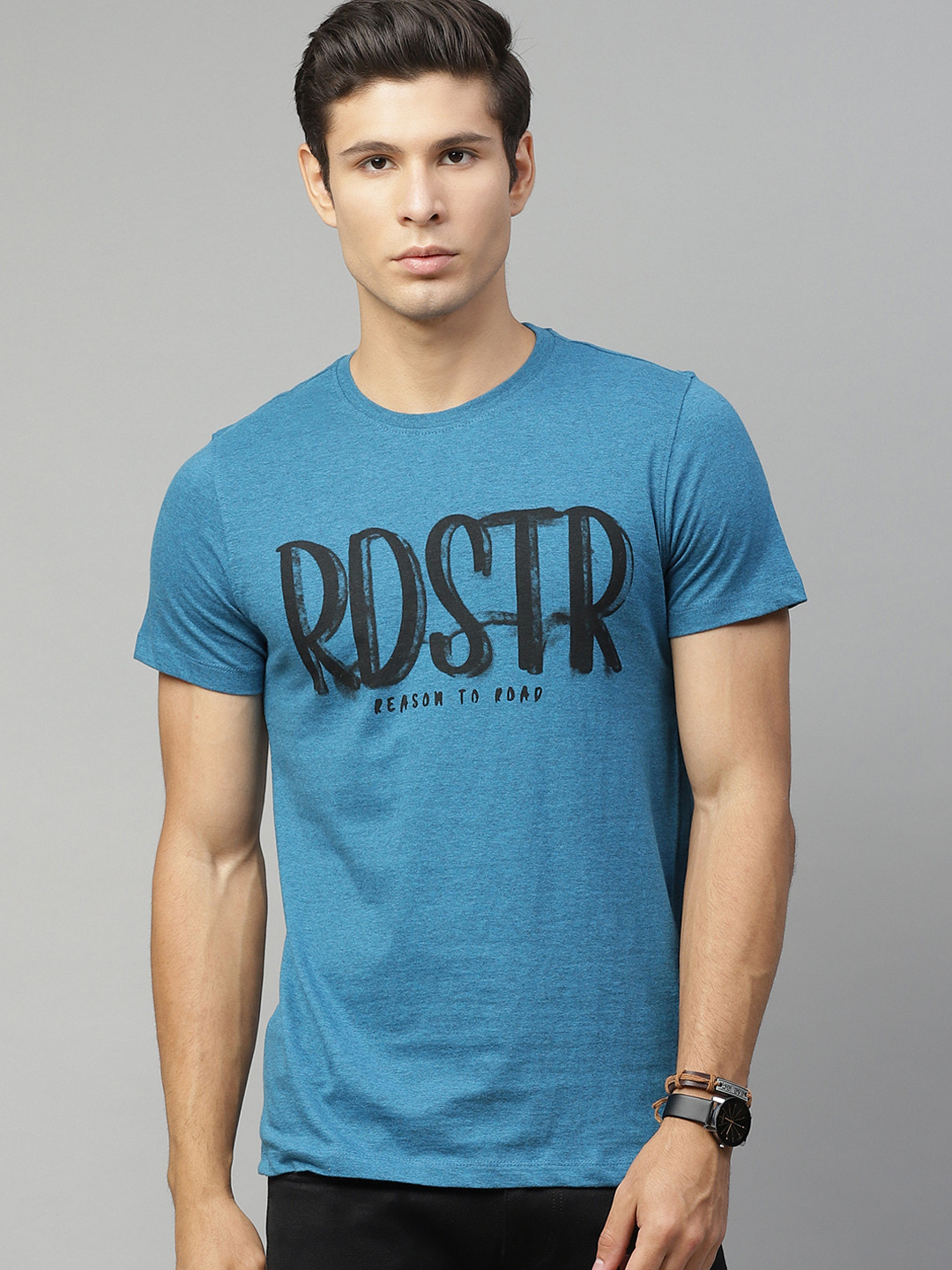Buy The Roadster Lifestyle Co Men Blue Cotton Brand Logo Printed T