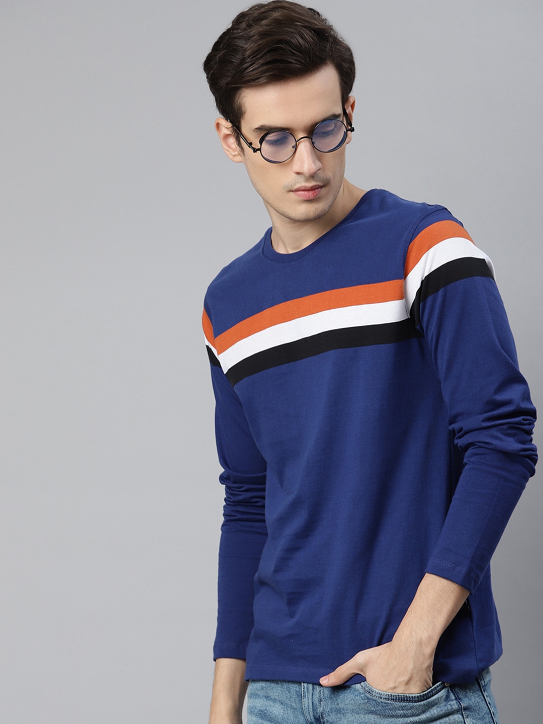 Buy The Roadster Lifestyle Co Men Blue Cotton Striped Detail Round Neck ...