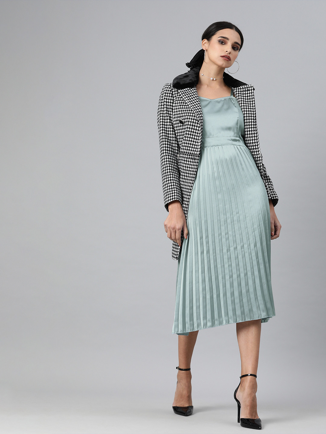 Buy PlusS Women Grey Solid Accordion Pleated Fit And Flare Dress