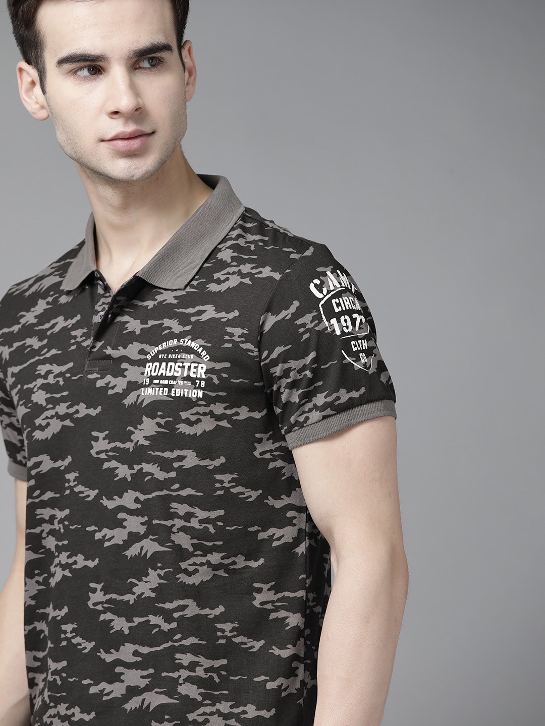 Buy The Roadster Lifestyle Co Men Black Grey Pure Cotton Camouflage Printed Polo Collar Pure 