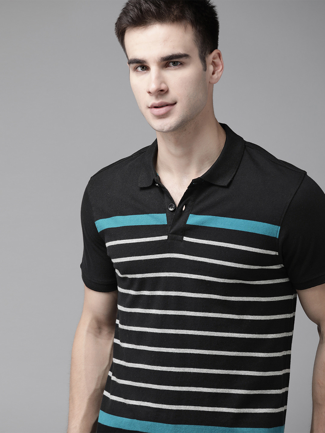 Buy The Roadster Lifestyle Co Men Black Grey Pure Cotton Striped Polo