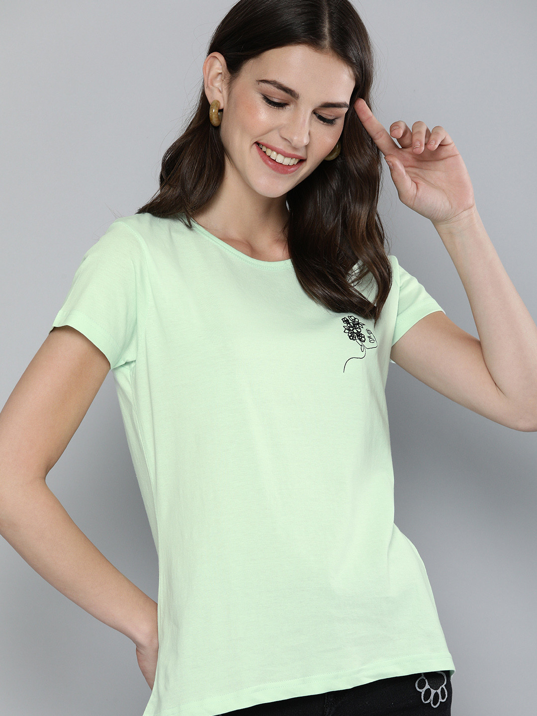 Buy HERENOW Women Mint Green Solid Round Neck Pure Cotton T Shirt