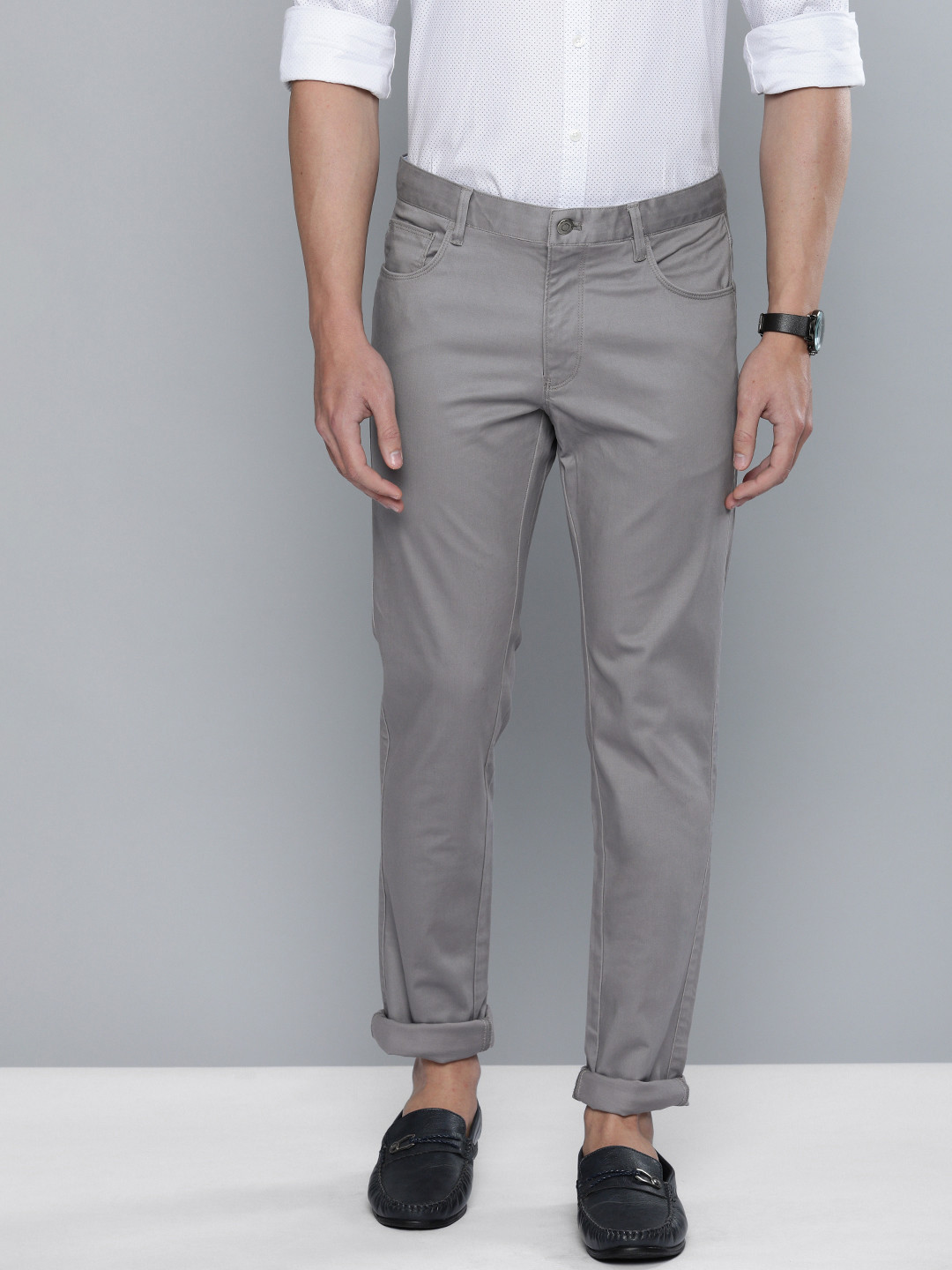 Buy Indian Terrain Men Grey Brooklyn Slim Fit Solid Chinos - Trousers ...