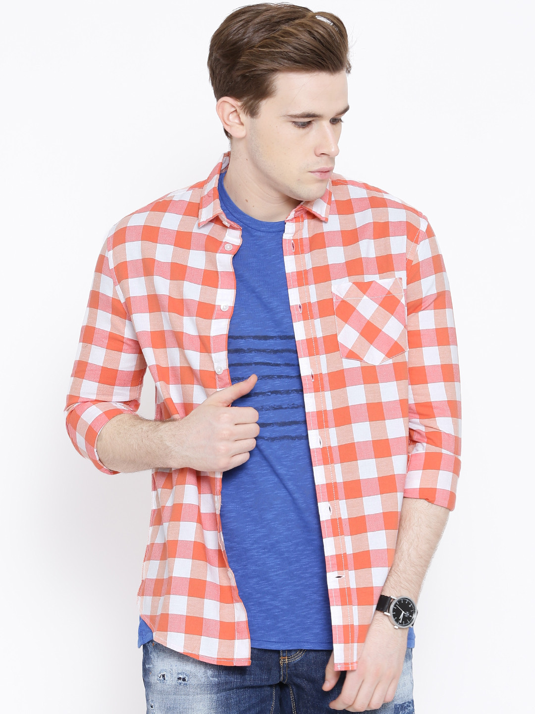 Buy Jack & Jones Orange Checked Slim Casual Shirt - Shirts for Men 1363414 | Myntra