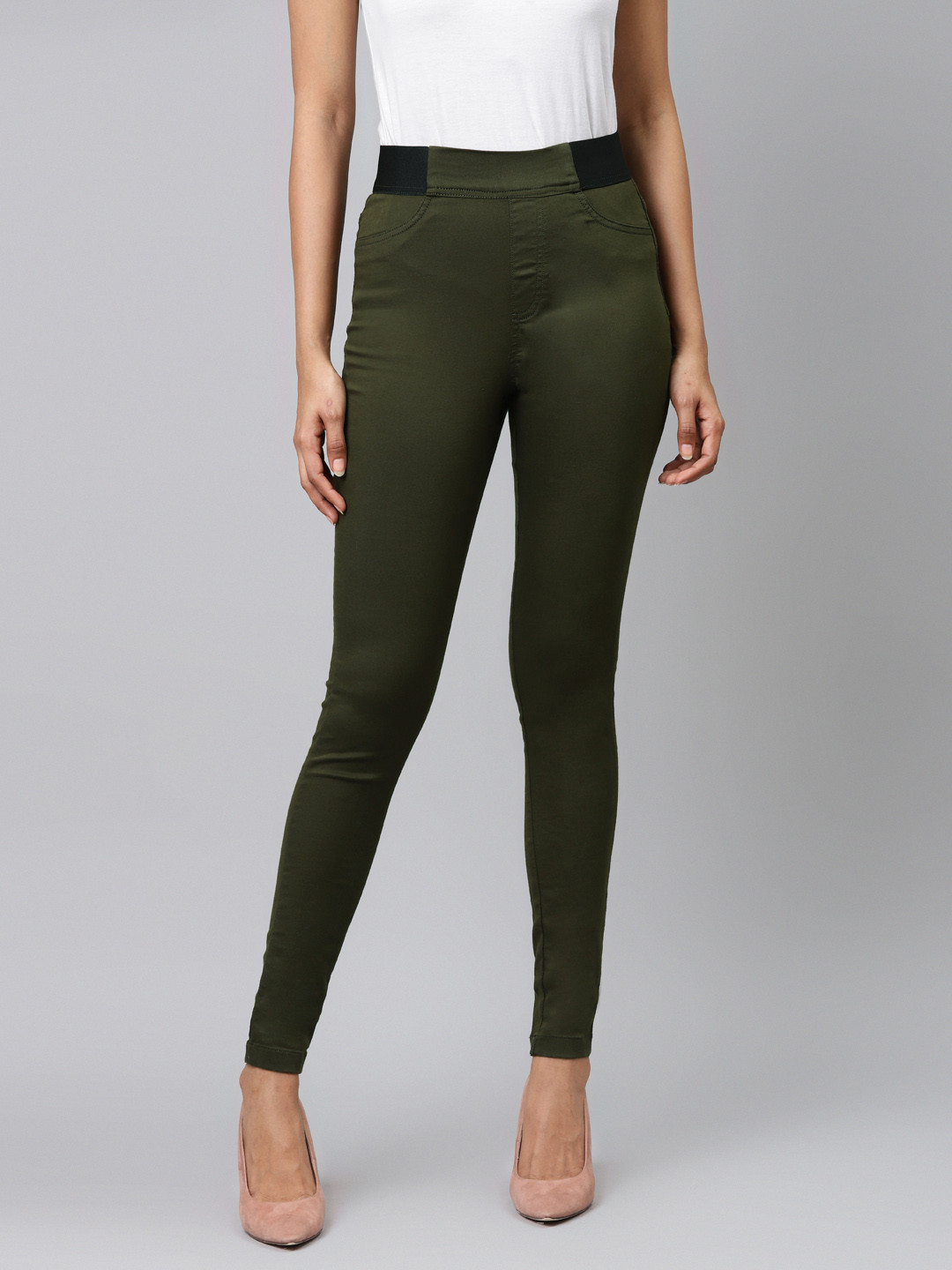 Buy Marks & Spencer Women Olive Green Solid Skinny Fit Treggings