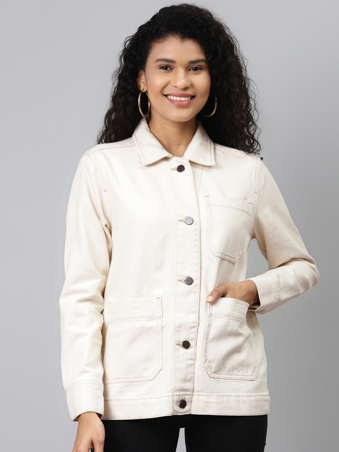 Buy Marks & Spencer Women Off White Solid Pure Cotton Denim Jacket