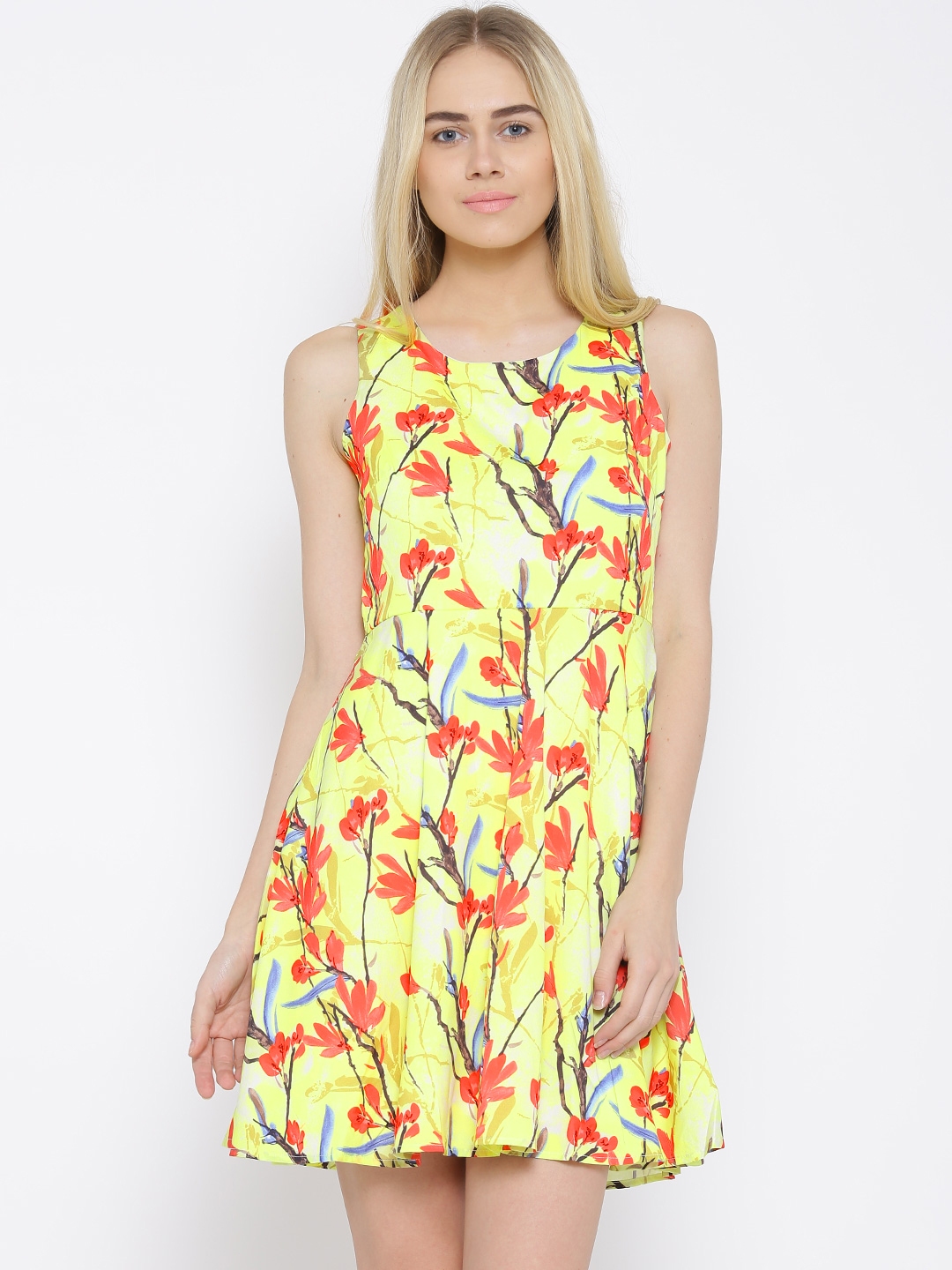 Buy Vero Moda Lemon Yellow Polyester Floral Print Fit & Flare Dress ...