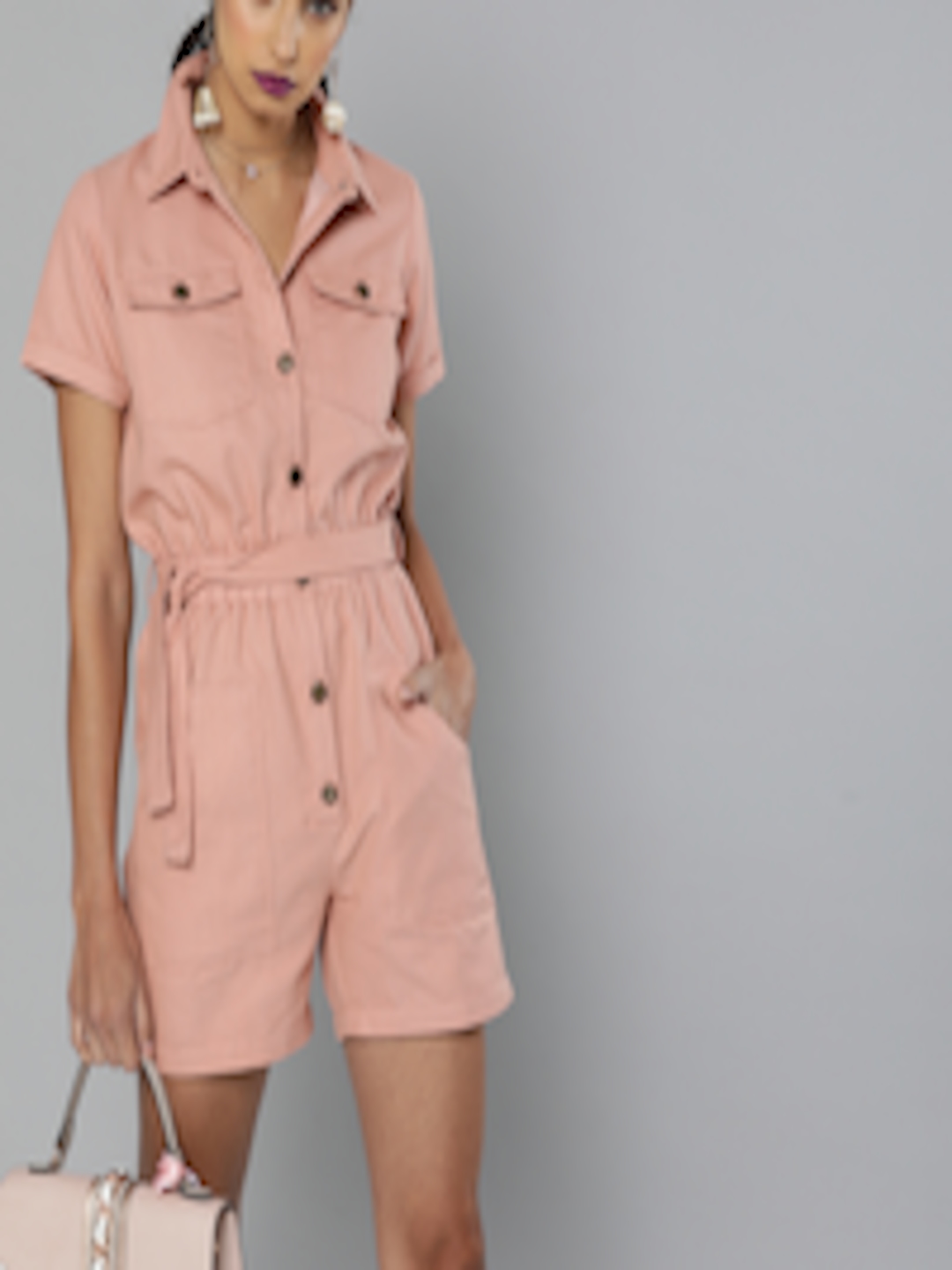 Women Pink Solid Pure Cotton Belted Playsuit - SeenIt