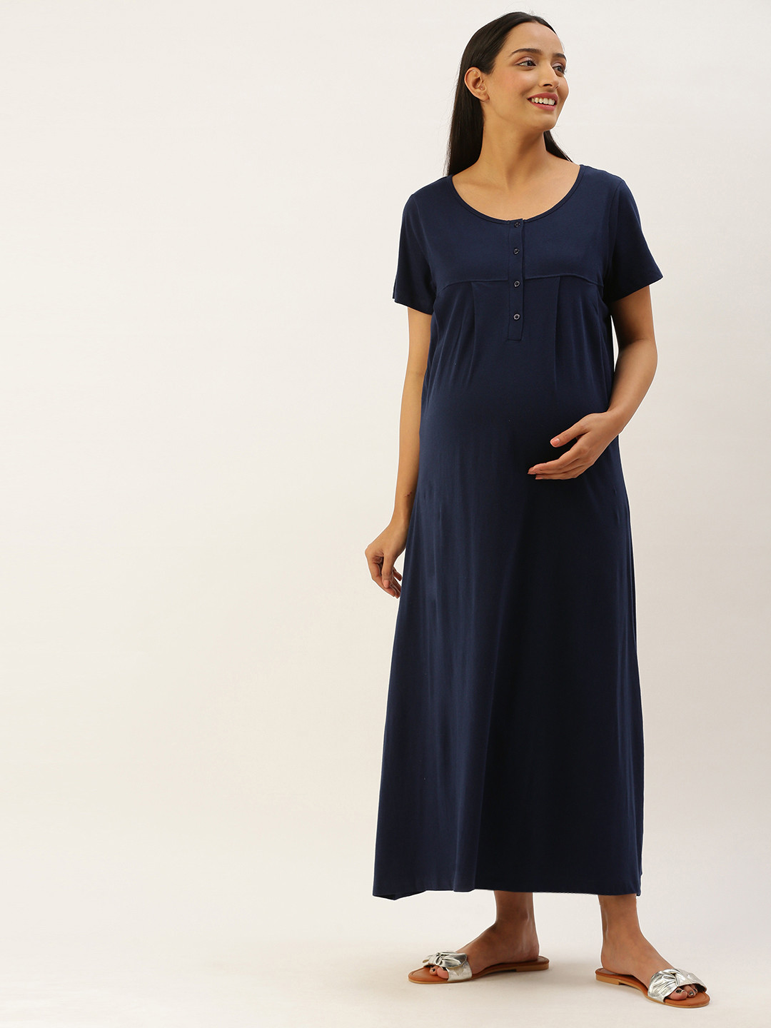 Buy Nejo Women Navy Blue Solid Pure Cotton Maternity Maxi A Line Dress With Pleated Detail