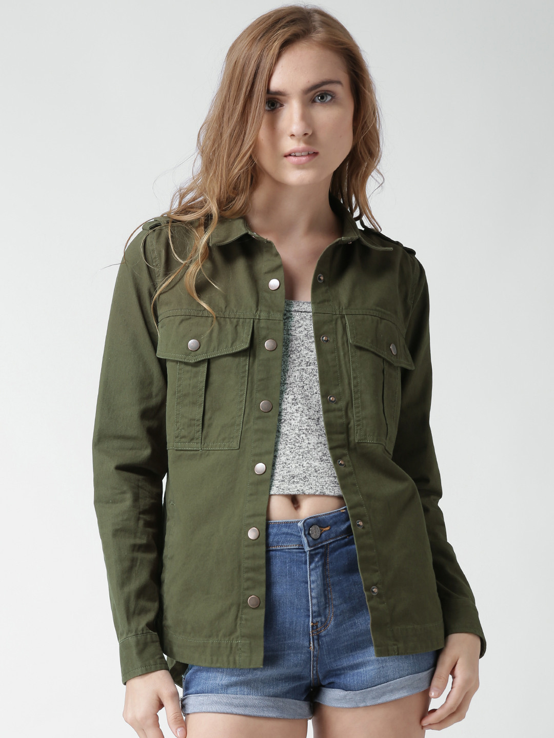 Buy FOREVER 21 Olive Green Denim Jacket Jackets for Women 1365008