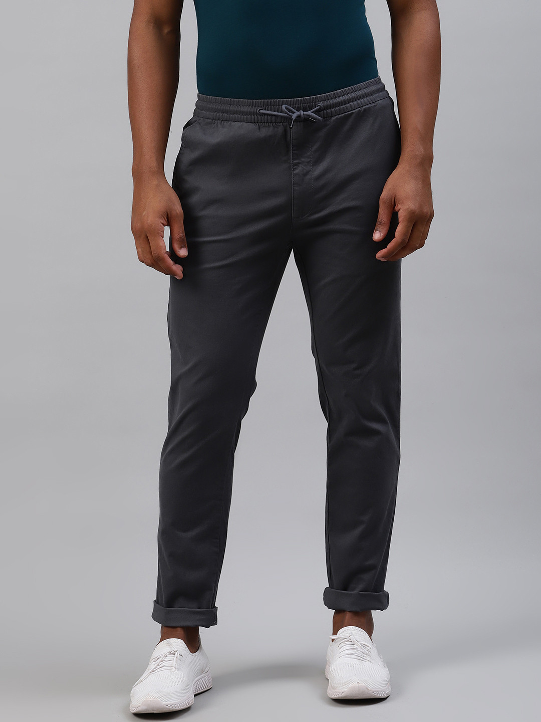 Buy Marks & Spencer Men Charcoal Grey Slim Fit Solid Cotton Regular ...