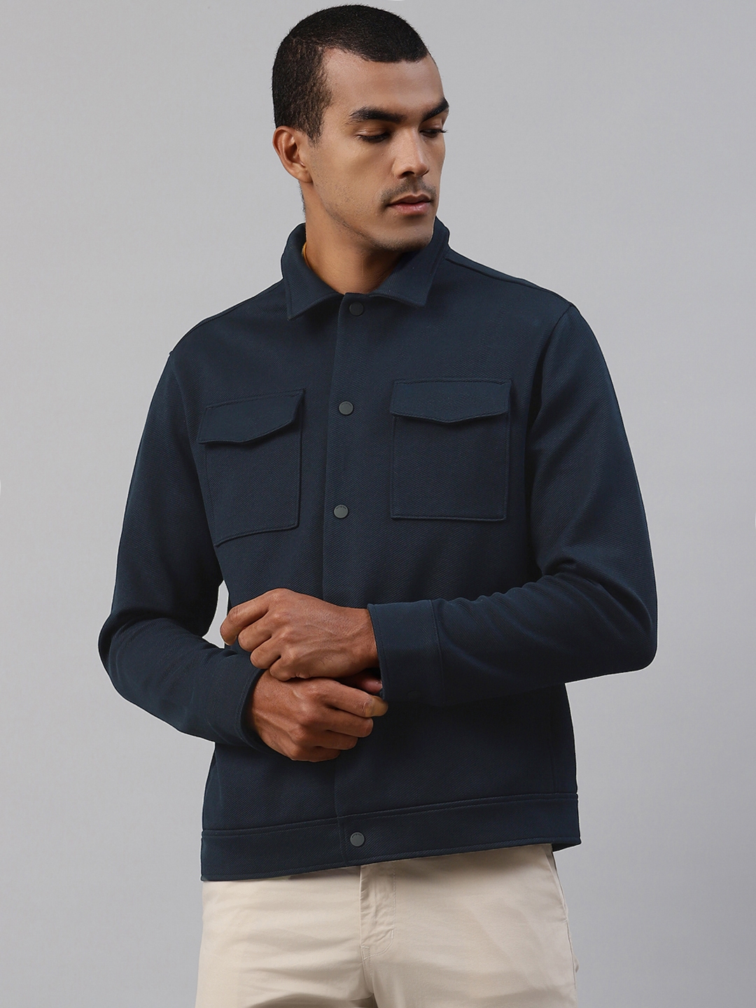 Buy Marks & Spencer Men Navy Blue Self Design Shacket - Jackets for Men ...