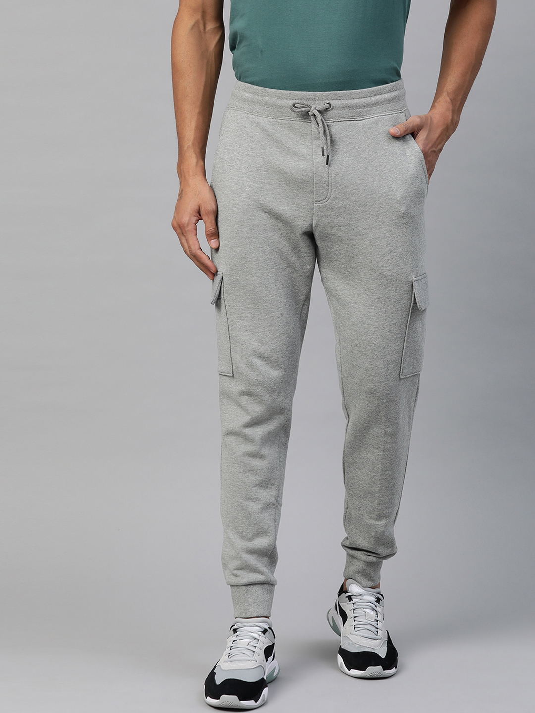 Buy Marks & Spencer Men Grey Melange Pure Cotton Solid Joggers - Track ...