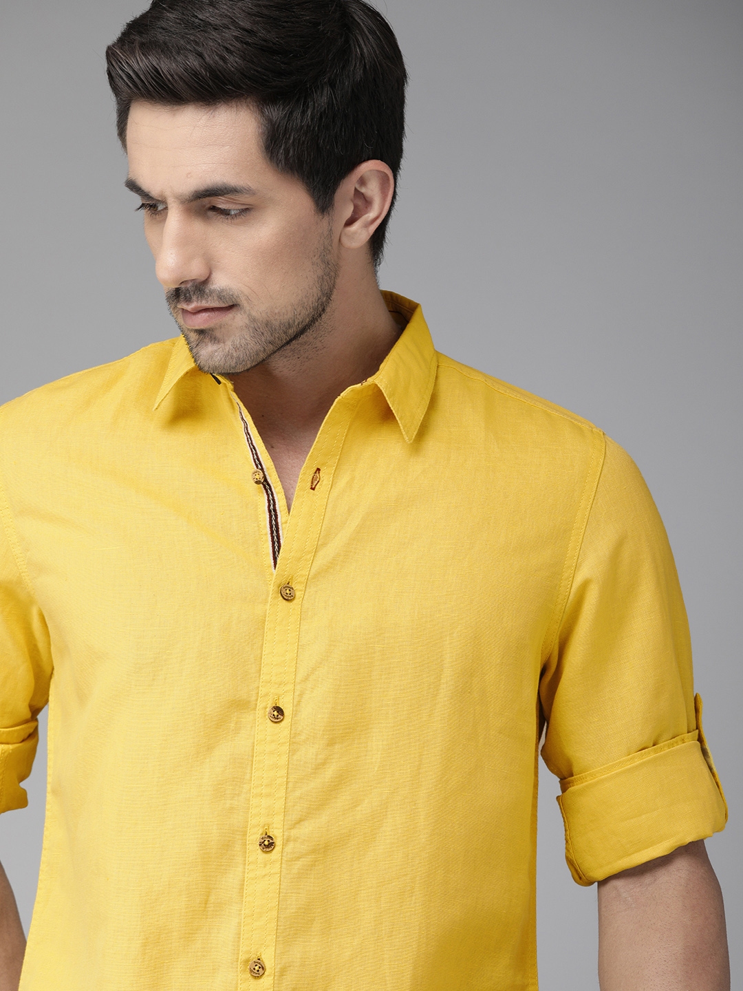 Buy The Roadster Lifestyle Co Men Mustard Yellow Regular Fit Solid ...
