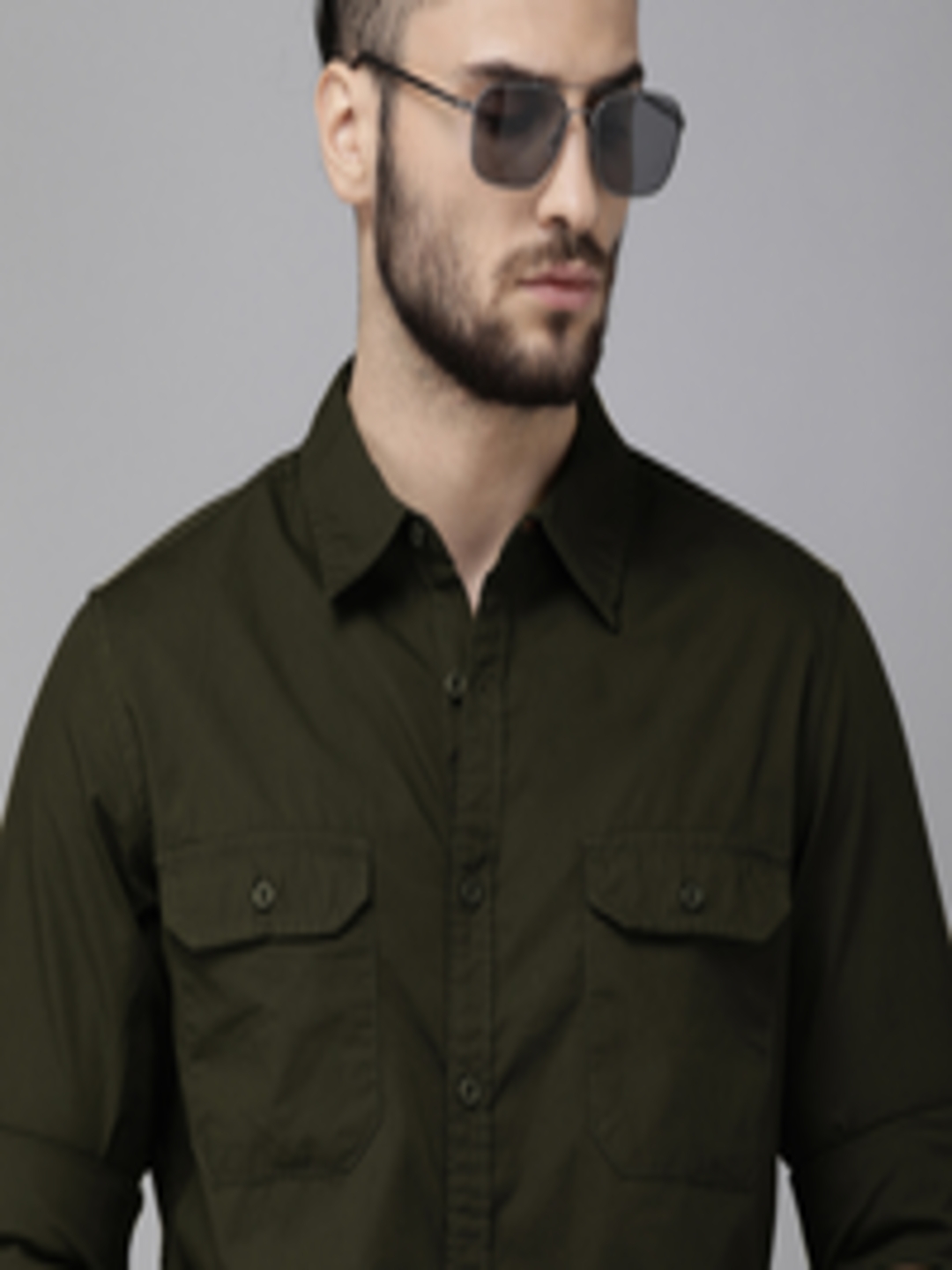 Buy The Roadster Lifestyle Co Men Olive Green Solid Casual Shirt ...