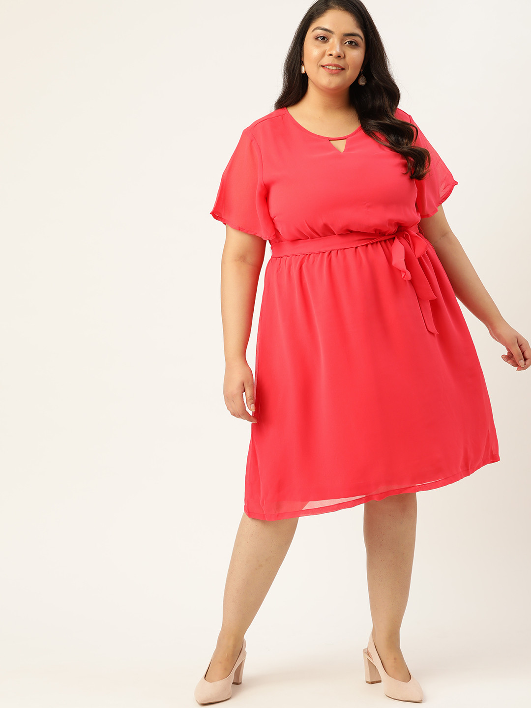 Buy Sztori Plus Size Pink Keyhole Neck A Line Dress & Belt Dresses