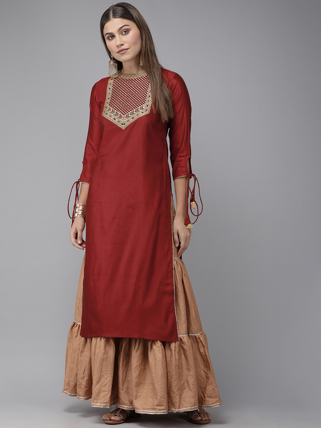 Indo Era Red Embellished liva Straight Kurtas