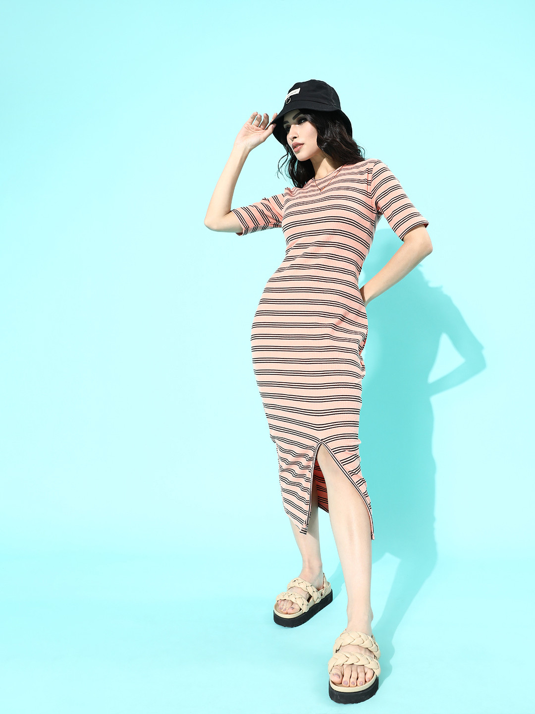 Women Peach Striped Flared Dress With Embroidered Jacket