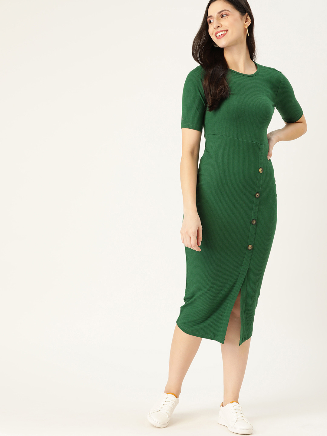 Buy DressBerry Green Bodycon Midi Ribbed Dress Dresses for Women