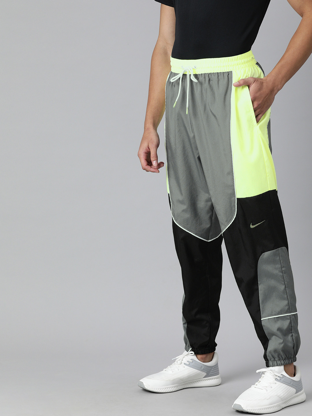 Buy Nike Men's Grey And Florecent Green Colourblocked Basketball Pants